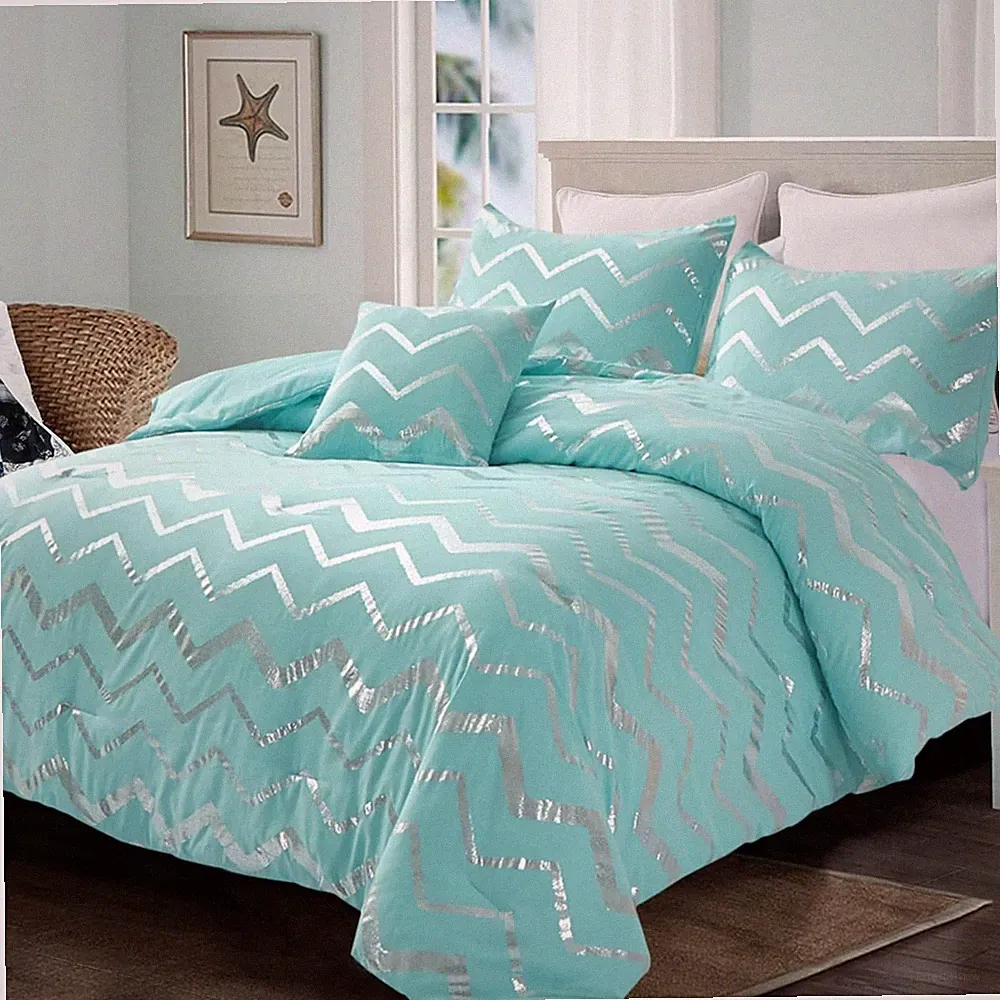 Aqua Comforter Set Queen Size Metallic Teal and Silver Bed Comforter 4 Piece Sof