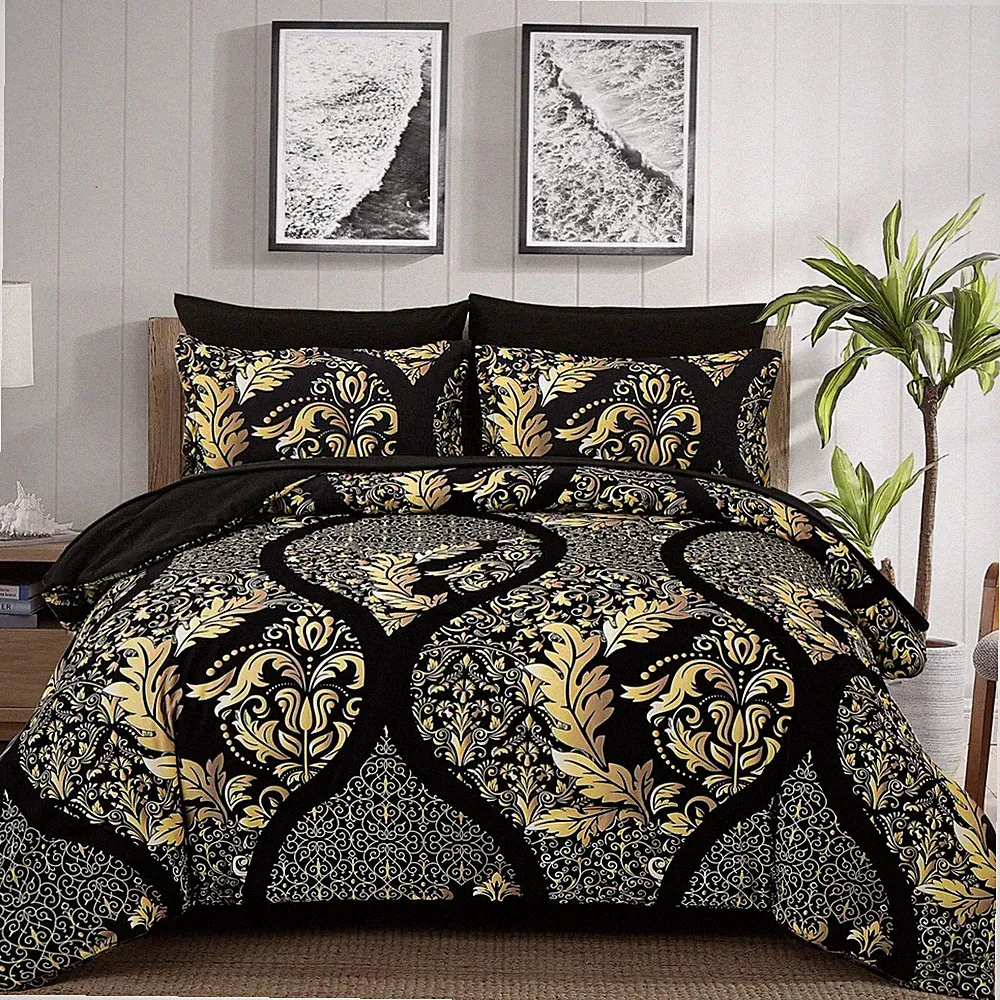 Black Gold Comforter Set King Size, 7 Pieces Bohemian Damask Comforter Set So...