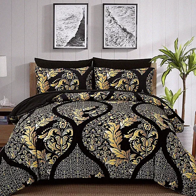 Black Gold Comforter Set King Size, 7 Pieces Bohemian Damask Comforter Set Soft