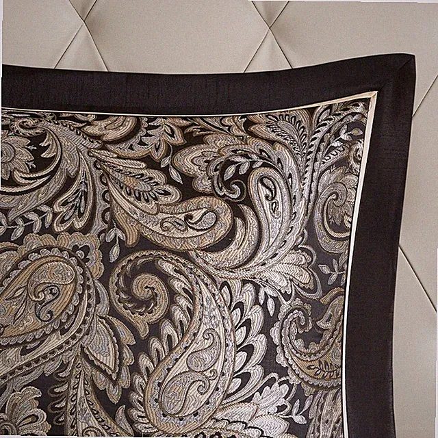 BLACK SILVER 12pc Cal King XXL COMFORTER + SHEET SET: JACQUARD GOLD PAISLEY