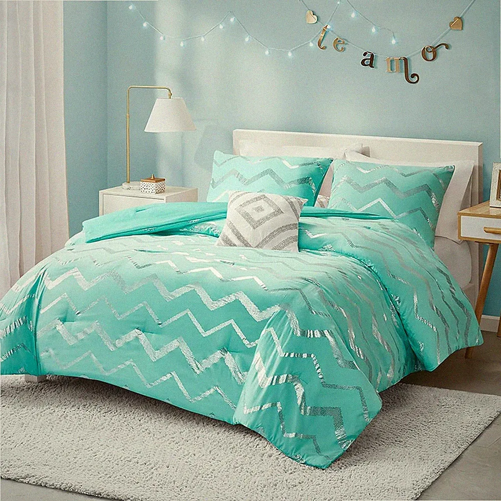 Codi Metallic Teal and Silver Comforter Set , Full / Queen Size, Cute Aqua
