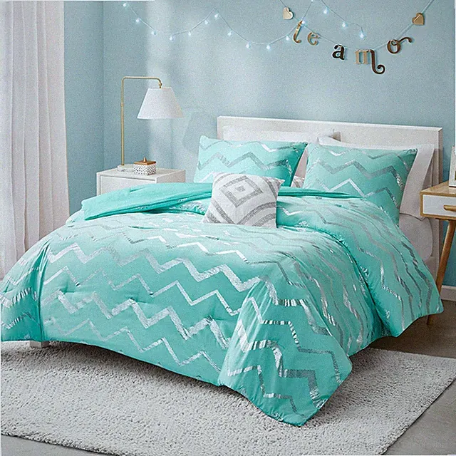 Codi Metallic Teal and Silver Comforter Set, Full/Queen Size, Cute Aqua Turquois