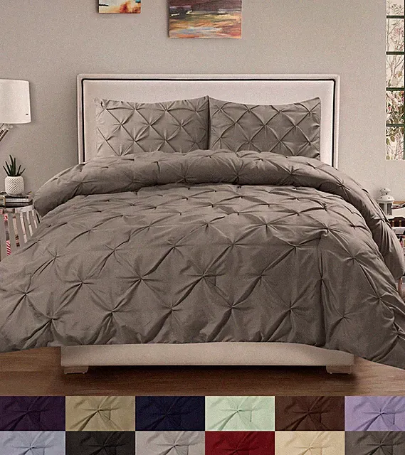 Duvet Cover & Pillow Sham Set - Luxury 3 Piece Pinch Pleat Pintuck Polyester