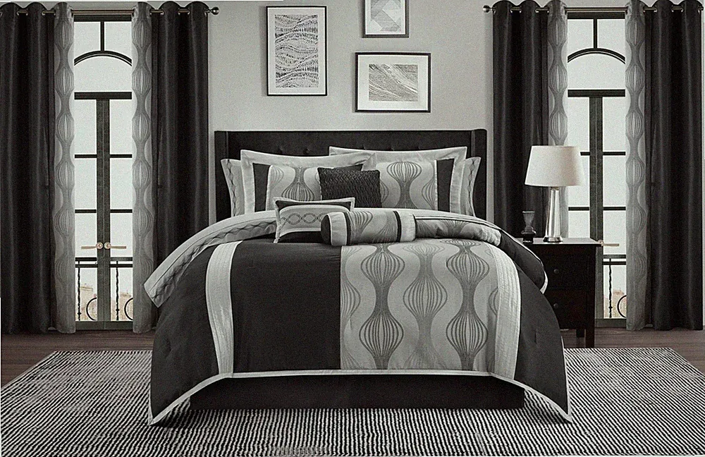 Elegant Black and Silver Comforter Set King Size, Striped,15 Piece Room-in-A-...