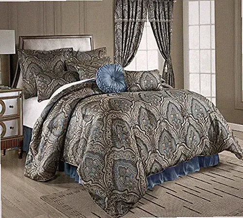 Full Queen Cal King Bed Blue Gold Silver Medallion Paisley 9 pc Comforter Set