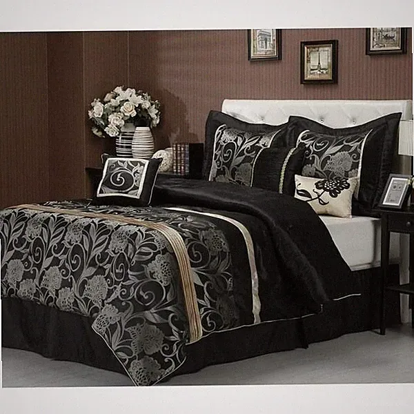 Full Queen Cal King Bed Silver Gray Black Gold Floral Pleat 7 pc Comforter Set