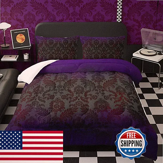 Lneffble Black Purple Paisley Floral Victorian Gothic Comforter Set Fullgothic