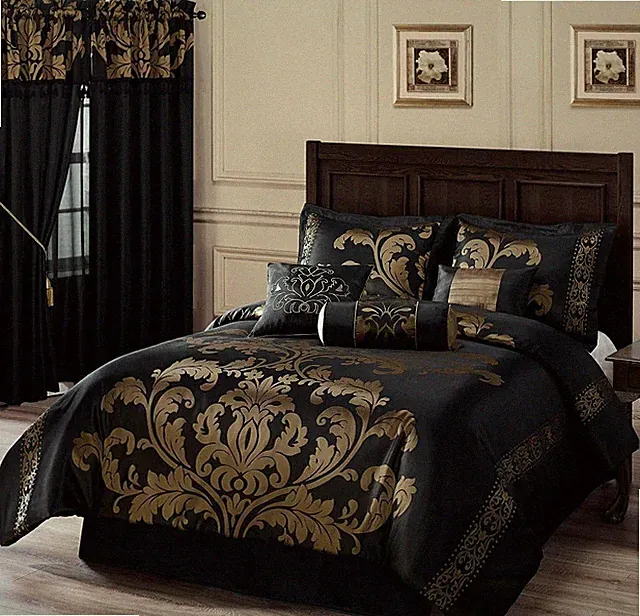 Luxurious 7-Piece Black and Gold Jacquard Floral King Comforter Set