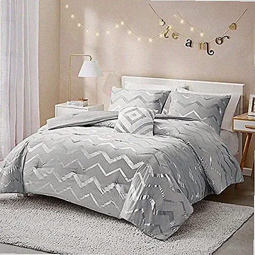 Metallic Print Grey and Silver Comforter Set for Full / Queen Grey / Silver