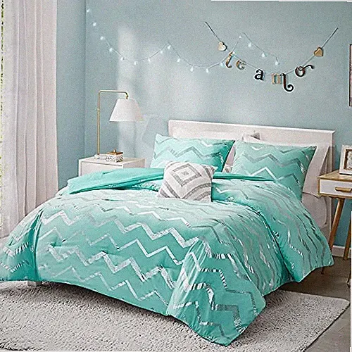 Metallic Teal and Silver Comforter Set Size, Cute Full / Queen Teal / Silver