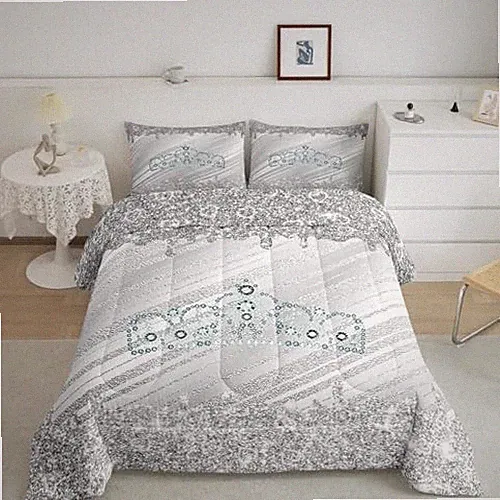 Silver Glitter Print Comforter Size with 2 Pillow Cases Crown Full Multi 04