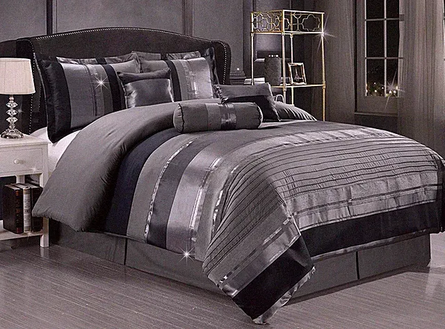 Silver Gray Black Pintuck Striped 7pc Comforter Set Twin Full Queen Cal King Bed