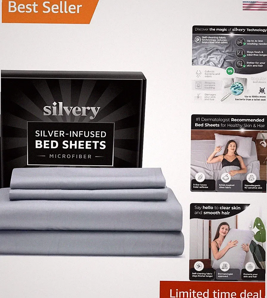 Silver Infused Bed Sheets Set Queen Ultra-Soft Temperature-Regulating Hygienic