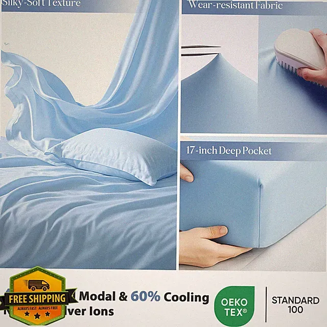 Silver Infused Queen Sheet Set Cooling Tencel Blue Hypoallergenic